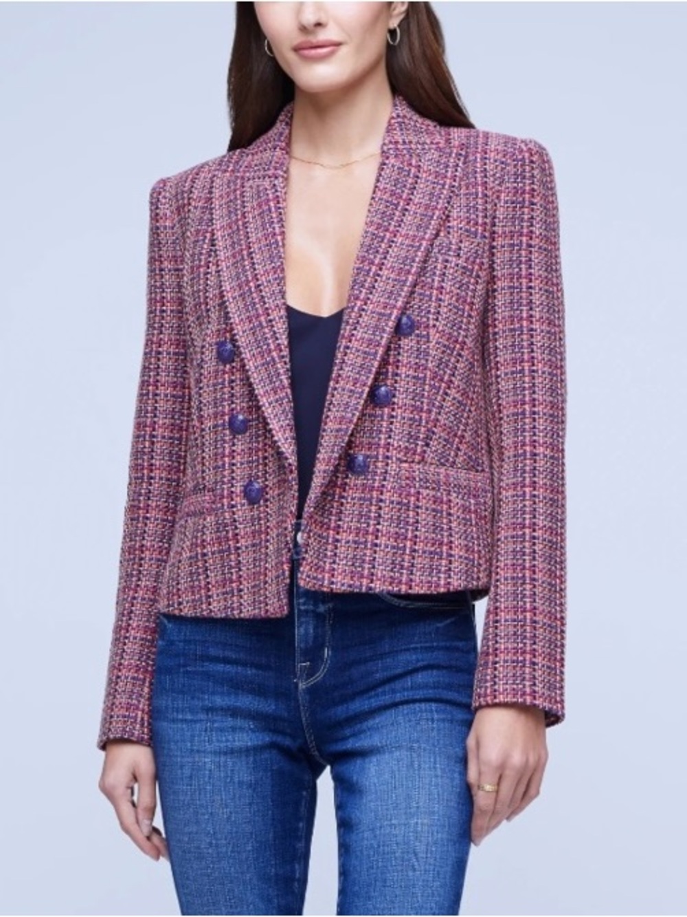 L'AGENCE Pink Multicolor Tweed Double-Breasted Blazer